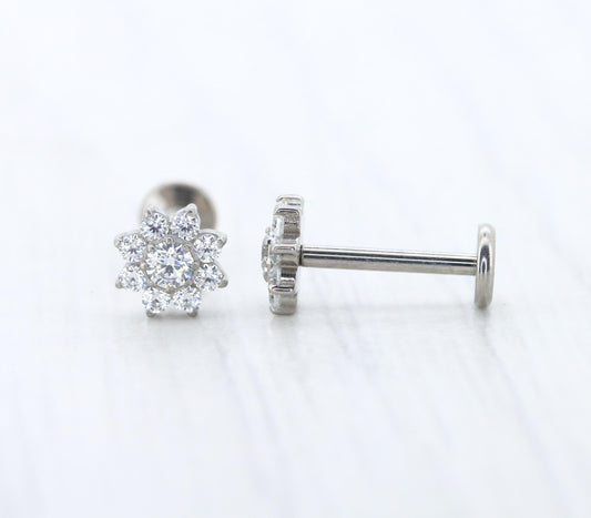 Pure titanium screw back stud earrings with marquise simulated diamonds - flower / star design