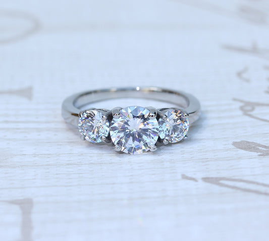 Man Made Diamond Simulant Trilogy ring available in white gold or Titanium - engagement ring - wedding ring