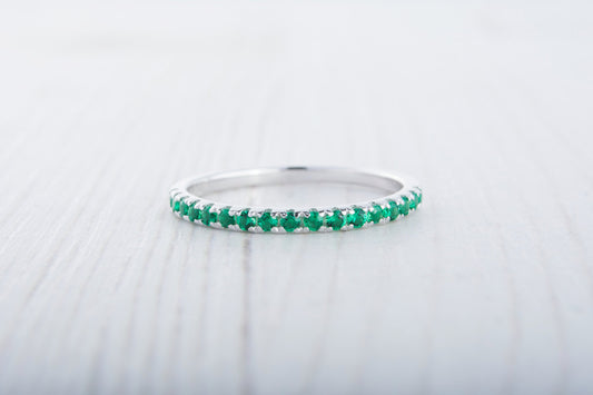 1.8mm wide Natural Emerald Half Eternity stacking ring in white gold or Silver - stacking ring - wedding band - handmade ring