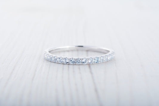 1.8mm wide natural Aquamarine Half Eternity ring in white gold or Silver