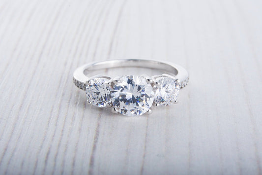 Man Made Diamond Simulant Trilogy ring available in white gold or sterling silver - engagement ring - wedding ring - silver ring