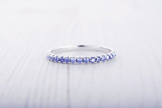 Natural Tanzanite 1.8mm wide Half Eternity ring in white gold or Silver - stacking ring - wedding band - handmade engagement ring