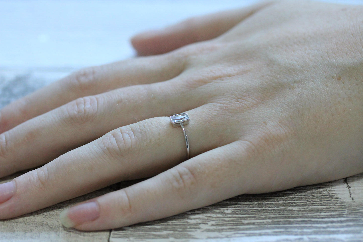 Man Made Diamond Simulant Radiant cut solitaire ring available in white gold or Silver - stacking ring - wedding band