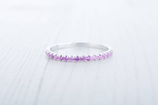 1.8mm wide Natural Pink Tourmaline Half Eternity ring in white gold or Silver - stacking ring - wedding band - handmade engagement ring