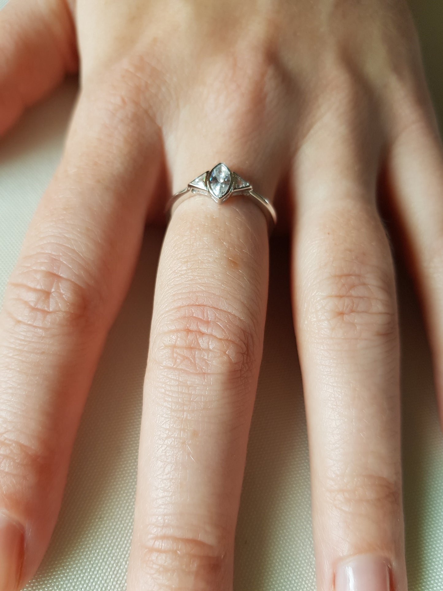 Marquise and Trillion cut Man Made Diamond Simulant ring - Available in White gold or sterling silver - handmade engagement ring