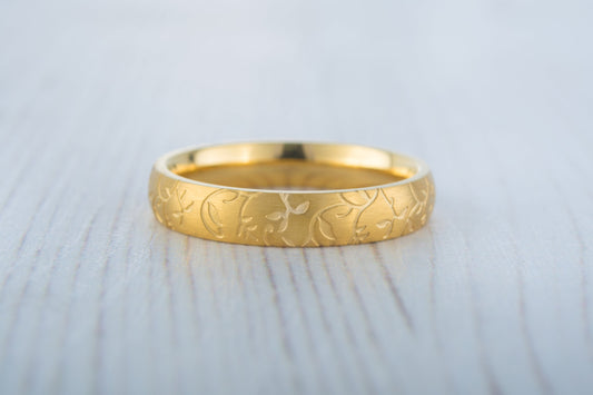 4mm wide 18K Yellow Gold and Brushed Titanium with engraved detail Wedding ring band for men and women