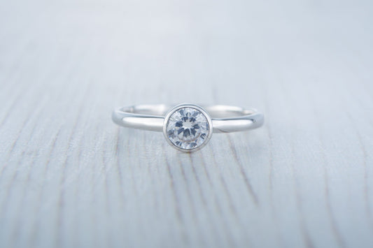 Lab White Sapphire bezel set solitaire ring - Available in white gold or sterling silver - handmade ring