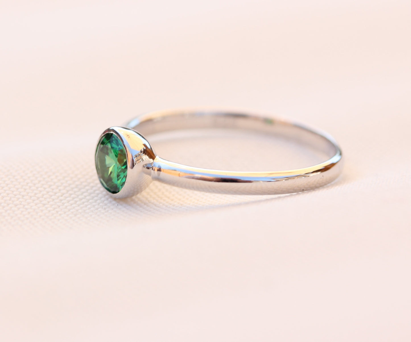 Lab Emerald bezel set solitaire ring - Available in white gold or sterling silver - handmade ring