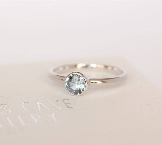 Natural Aquamarine bezel set solitaire ring - Available in white gold or sterling silver - handmade ring