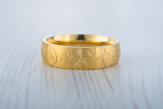 6mm wide 18K Yellow Gold and Brushed Titanium with engraved detail Wedding ring band for men and women