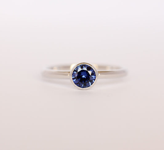 Lab Blue Sapphire bezel set solitaire ring - Available in white gold or sterling silver - handmade ring