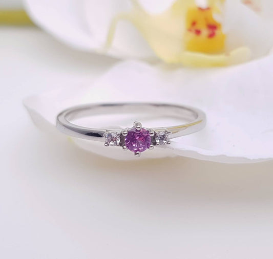 Pink Tourmaline and White Sapphire 3 stone Trilogy Ring in White Gold or Titanium - engagement ring - handmade ring