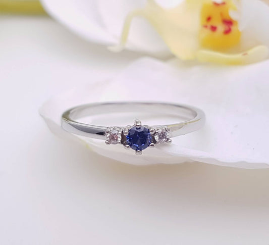 Natural Blue Sapphire and White Sapphire 3 stone Trilogy Ring in White Gold or Titanium - engagement ring - handmade ring