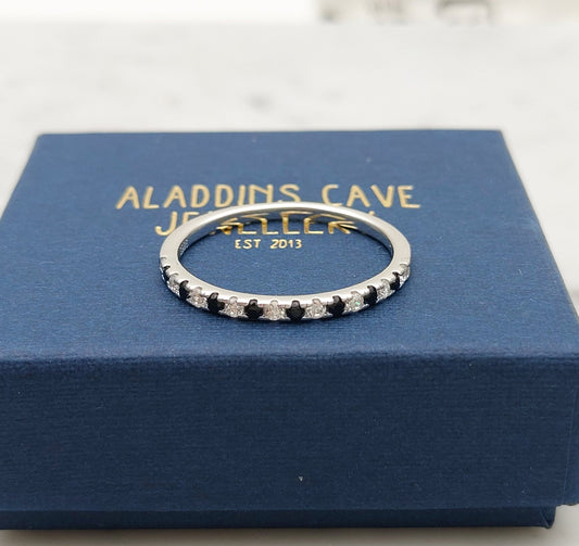 1.8mm wide Onyx & Man Made Diamond Simulant Half Eternity ring in white gold or Silver - stacking ring - wedding band