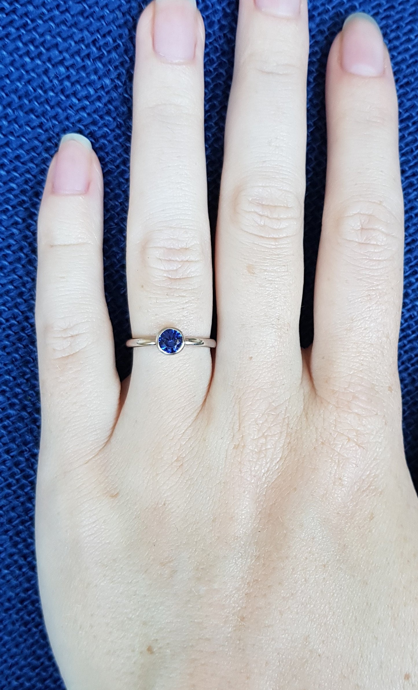 Lab Blue Sapphire bezel set solitaire ring - Available in white gold or sterling silver - handmade ring