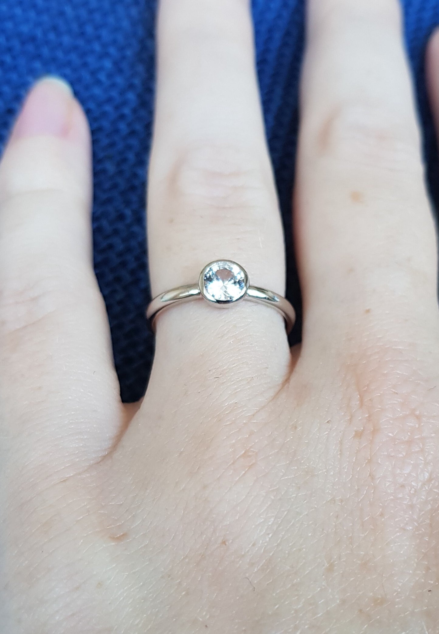 Lab White Sapphire bezel set solitaire ring - Available in white gold or sterling silver - handmade ring