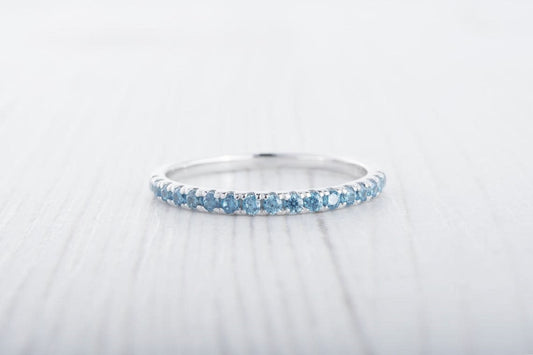1.8mm wide natural blue topaz Half Eternity ring in white gold or Silver - stacking ring - wedding band - handmade engagement ring