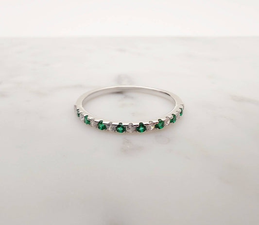 1.8mm wide Natural Emerald and diamond Half Eternity stacking ring in white gold or Silver - stacking ring - wedding band - handmade ring
