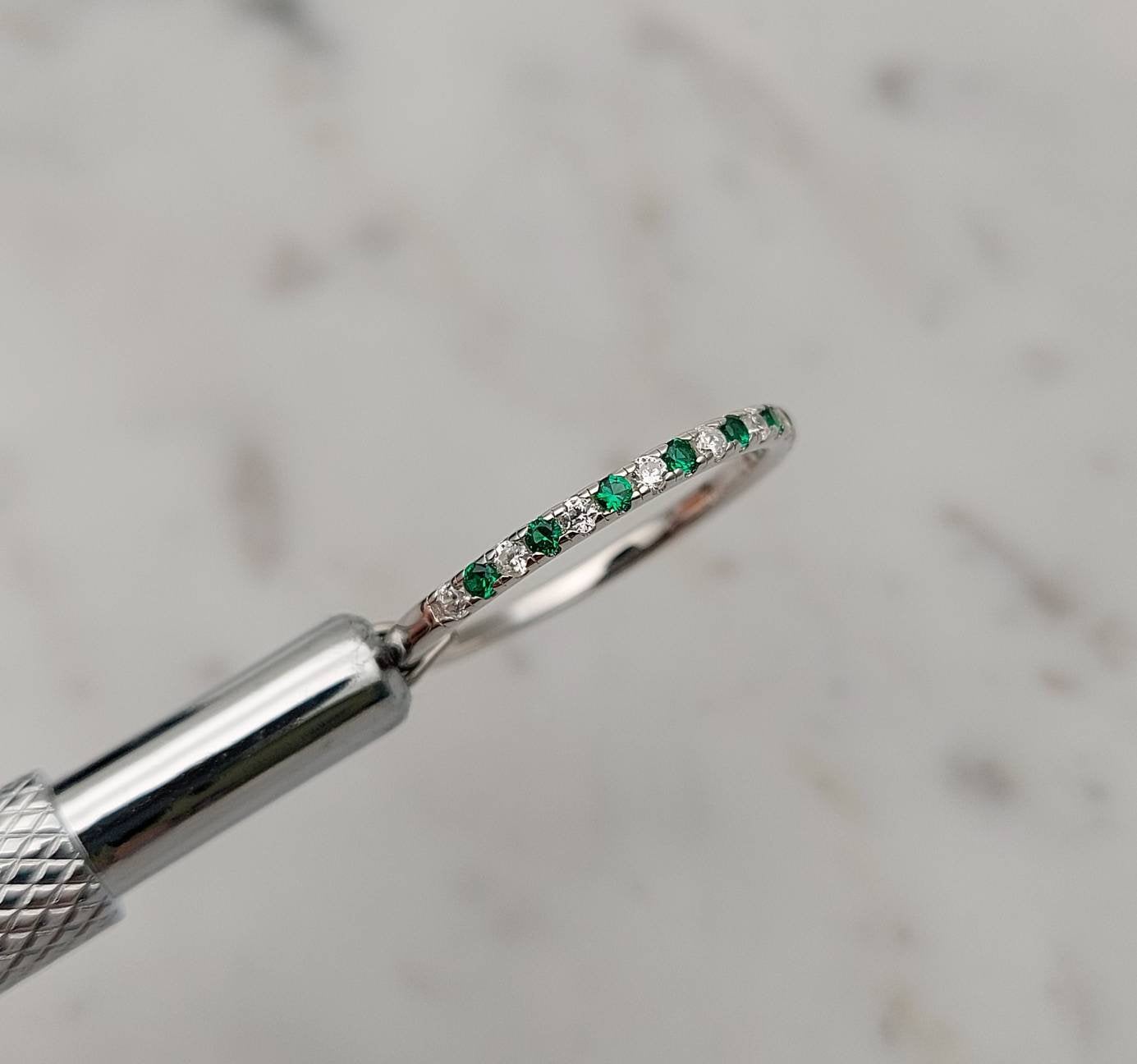 1.8mm wide Natural Emerald and diamond Half Eternity stacking ring in white gold or Silver - stacking ring - wedding band - handmade ring