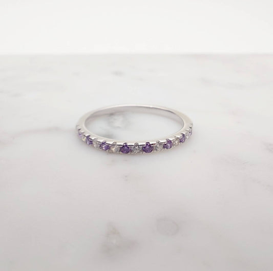 1.8mm wide Amethyst and diamond Half Eternity ring - stacking ring - wedding band in white gold or Silver