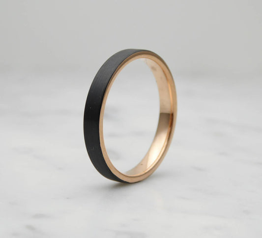 3mm Black Brushed titanium & 18k rose gold wedding ring band for men and women