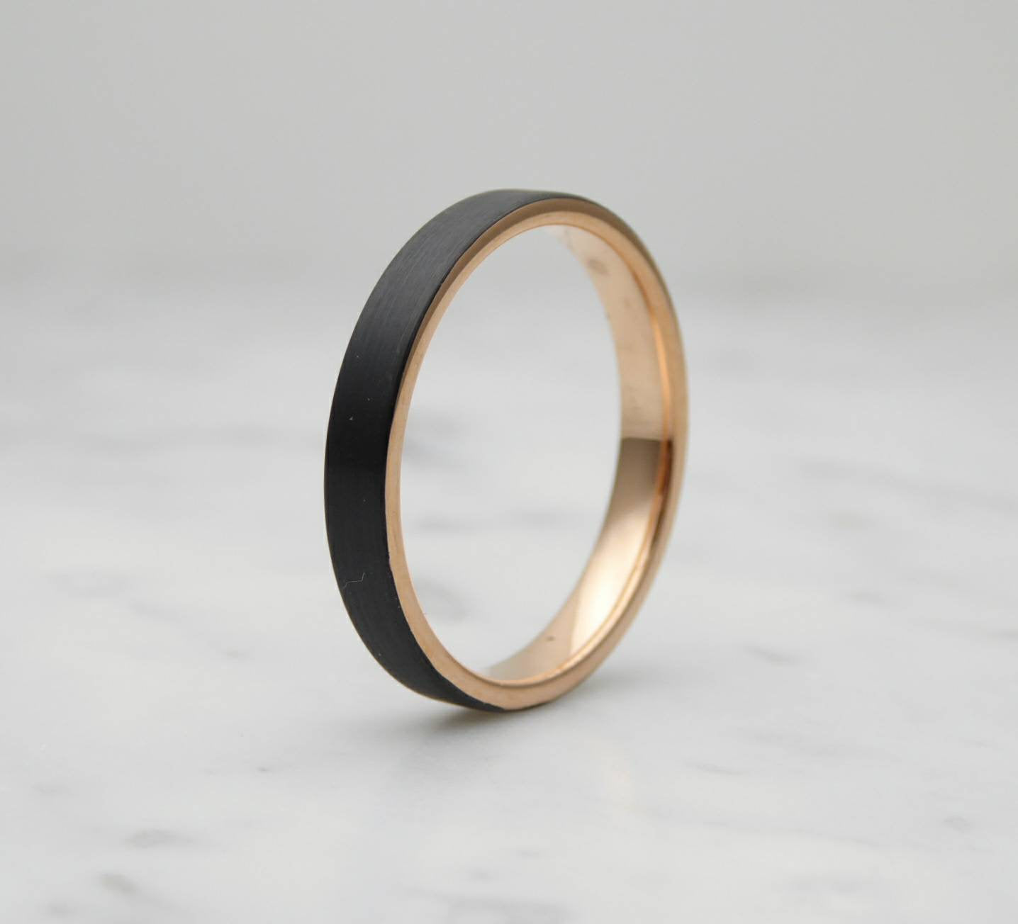 2mm Black Brushed titanium 18k rose gold wedding ring band for men and women