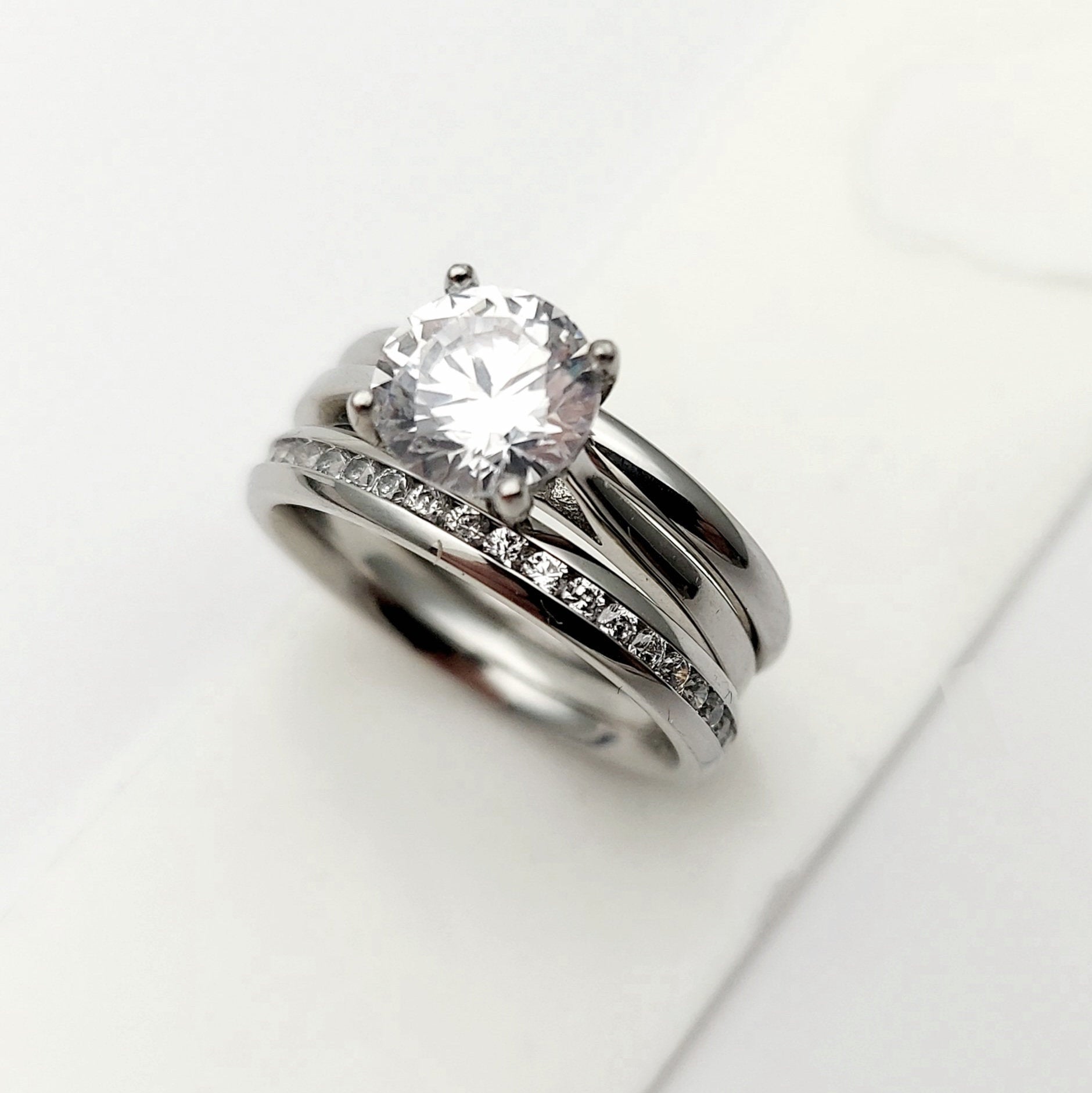 Wedding set! Man Made Diamond Simulant cathedral solitaire and matching eternity Wedding ring in Titanium or White Gold