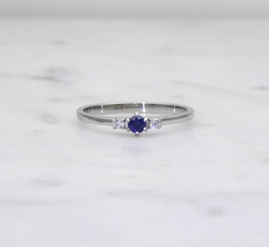Natural Blue Sapphire and White Sapphire 3 stone Trilogy Ring in White Gold or Titanium - engagement ring - handmade ring