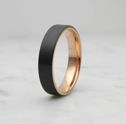 5mm Black Brushed titanium & 18k rose gold wedding ring band for men and women