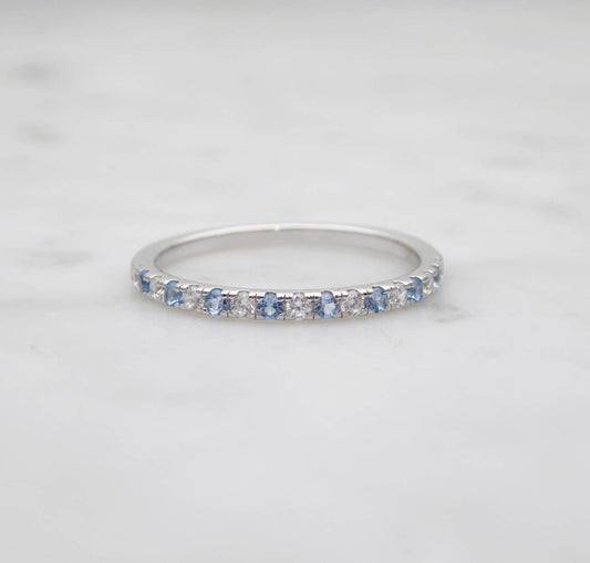 Aquamarine & Man Made Diamond Simulant 1.8mm wide Half Eternity ring in white gold or Silver - stacking ring - wedding band