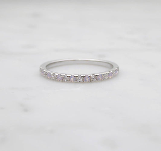 Opal & Man Made Diamond Simulant 1.8mm wide Half Eternity ring in white gold or Silver - stacking ring - wedding band - engagement ring