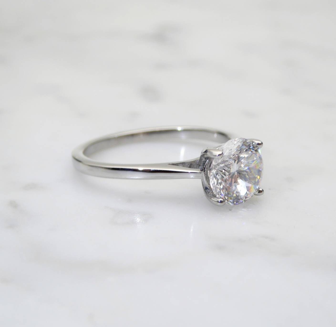 Portuguese cut 1.5ct Man Made Diamond Simulant solitaire cathedral ring in Titanium or White Gold - engagement ring - wedding ring