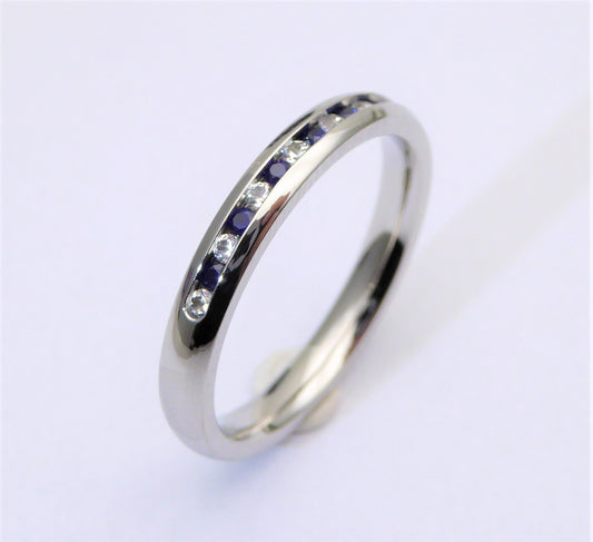 Lab blue & White sapphire 3mm Wide HALF Eternity ring / stacking ring in white gold or titanium - Wedding Band - Engagement ring