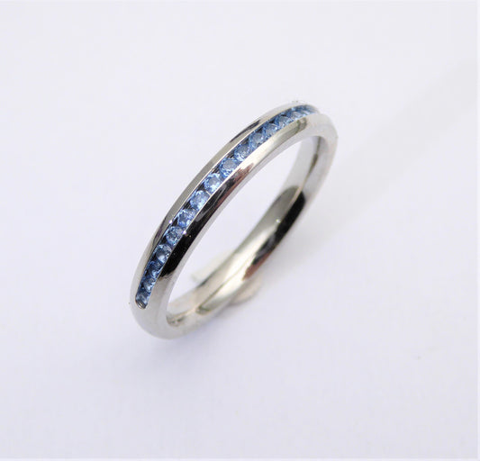 Natural Aquamarine 3mm Wide HALF Eternity ring / stacking ring in white gold or titanium - Wedding Band - Engagement ring