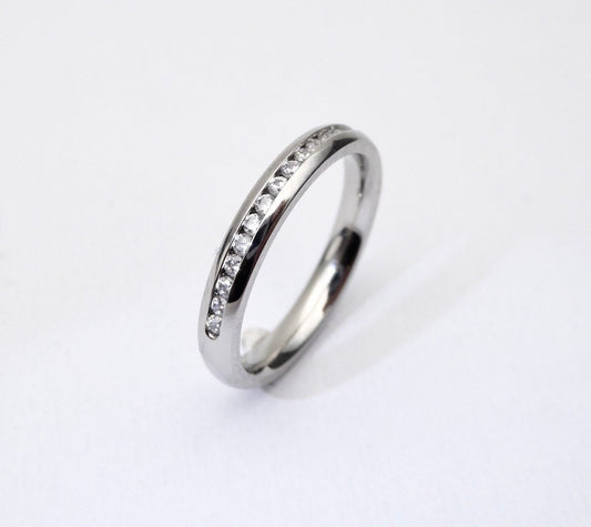 3mm Wide Man Made Diamond Simulant HALF Eternity ring / stacking ring in white gold or titanium - Wedding Band - Engagement ring