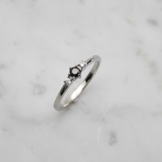 Genuine White and Black moissanite 3 stone Trilogy Ring in White Gold or Titanium - engagement ring - handmade ring