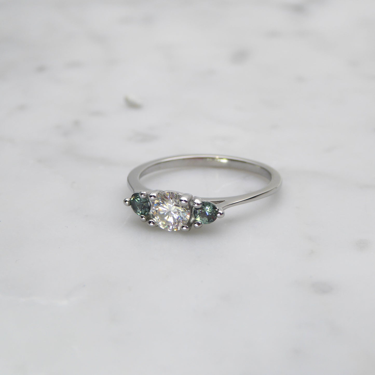 Genuine moissanite & Green Sapphire 3 stone Trilogy Ring in White Gold or Titanium - engagement ring - handmade ring