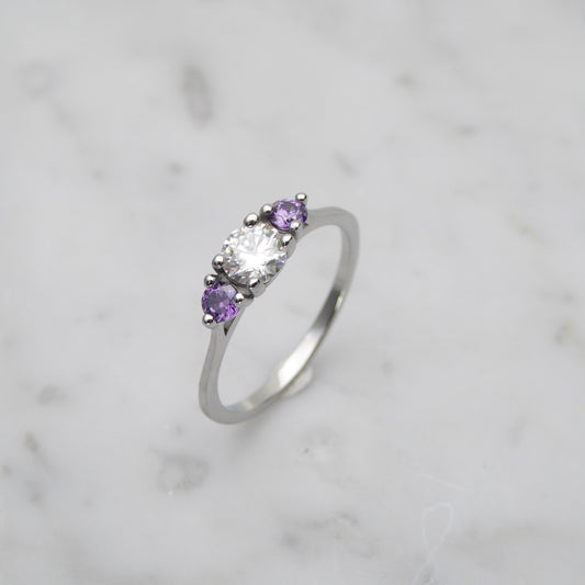 Genuine moissanite & Amethyst 3 stone Trilogy Ring in White Gold or Titanium - engagement ring - handmade ring