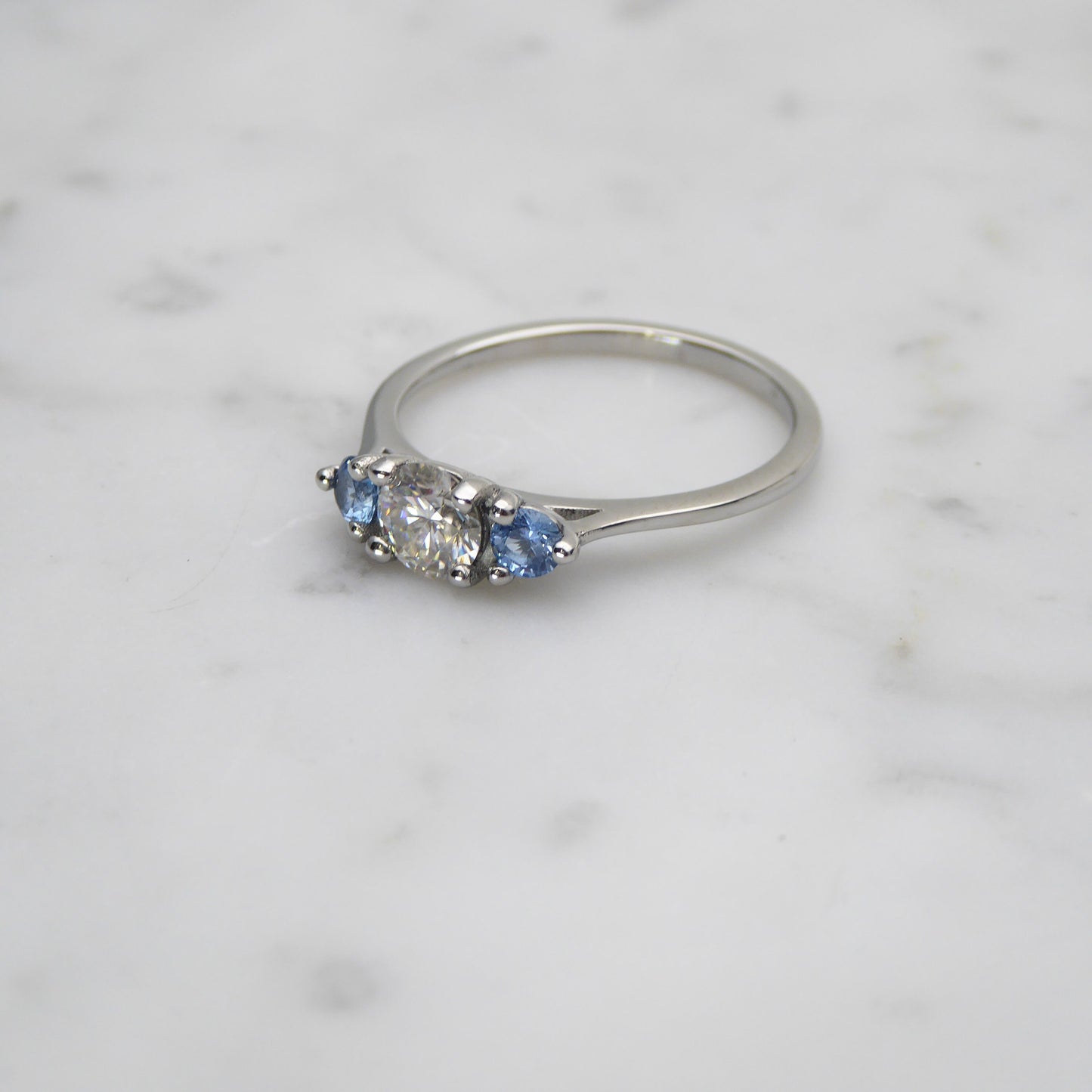 Genuine moissanite & Aquamarine 3 stone Trilogy Ring in White Gold or Titanium - engagement ring - handmade ring