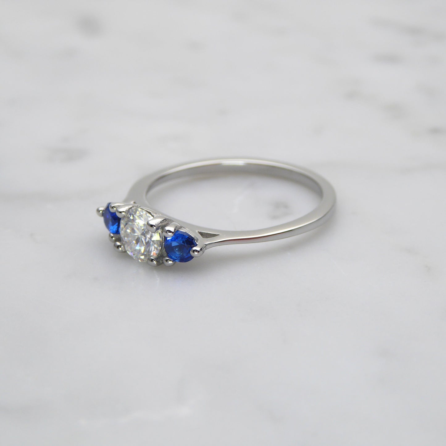 Genuine moissanite & Blue Topaz 3 stone Trilogy Ring in White Gold or Titanium - engagement ring - handmade ring