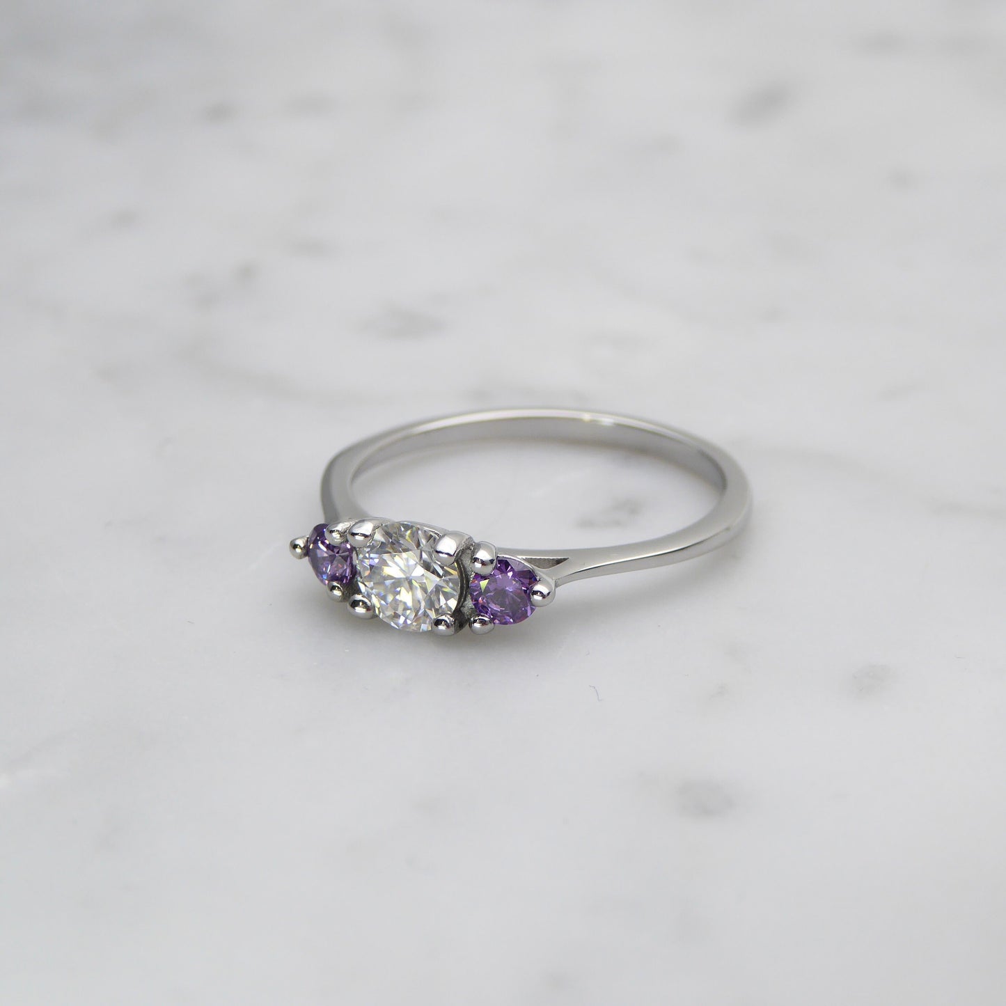 Genuine moissanite & Amethyst 3 stone Trilogy Ring in White Gold or Titanium - engagement ring - handmade ring