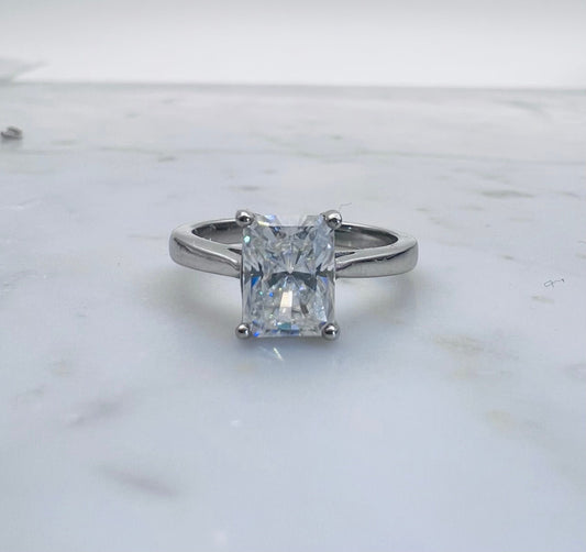 2ct Moissanite Radiant Cut Solitaire cathedral ring in Titanium or White Gold