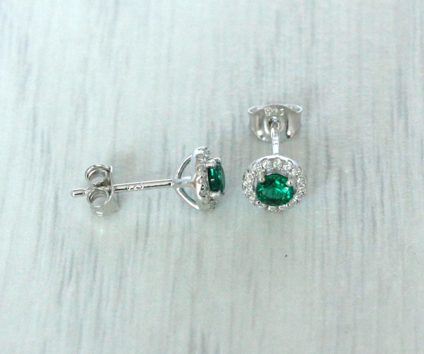 Natural Emerald & Genuine Moissanite Halo stud earrings in Sterling silver