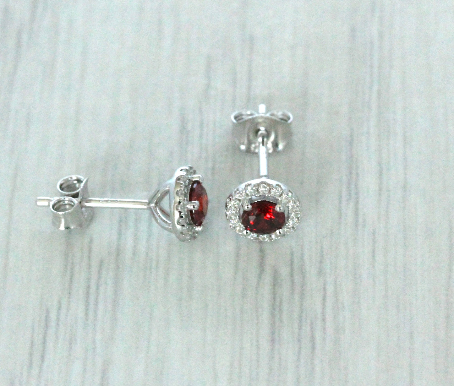 Natural Garnet & Genuine Moissanite Halo stud earrings in Sterling silver