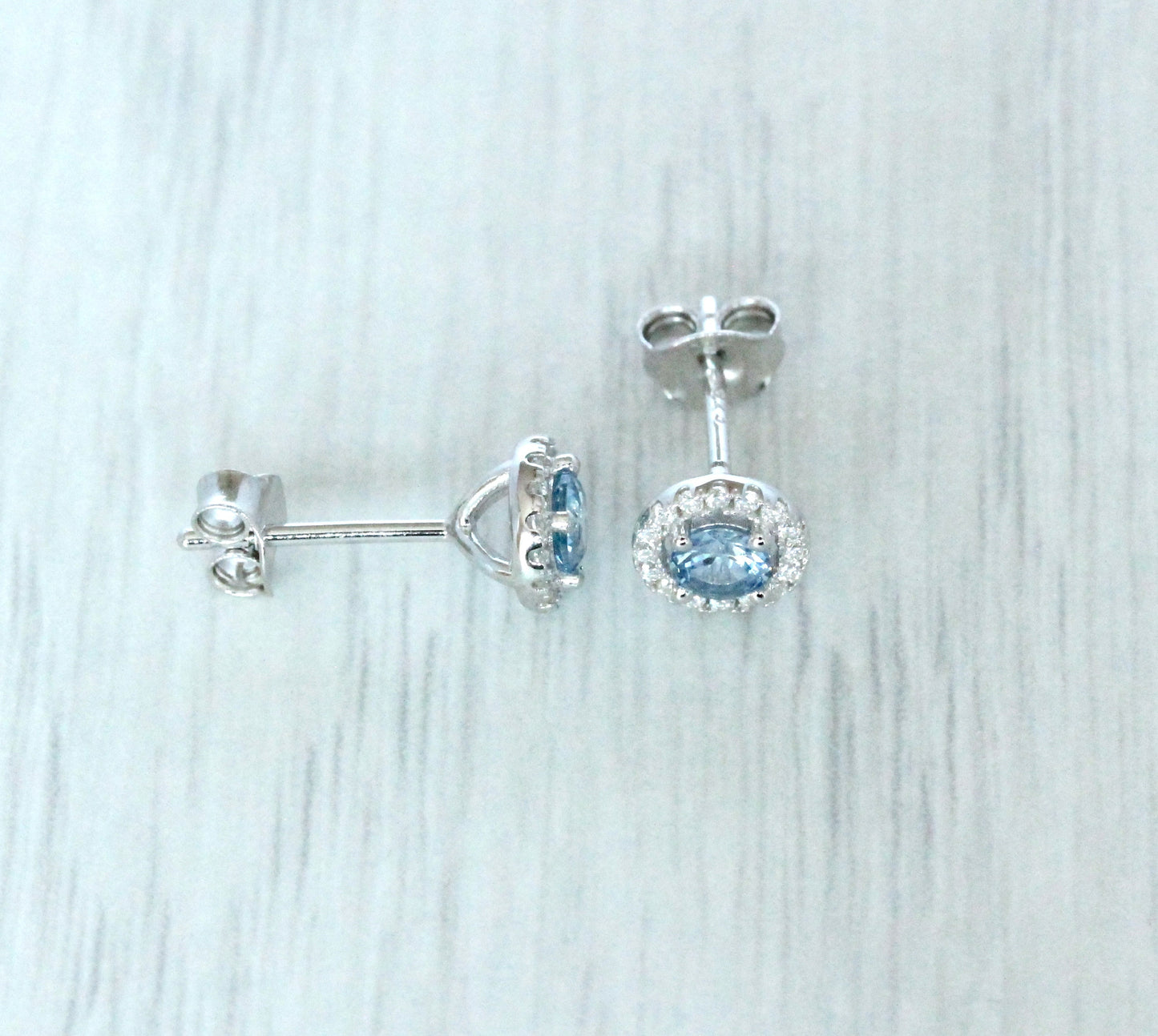 Natural Aquamarine & Genuine Moissanite Halo stud earrings in Sterling silver