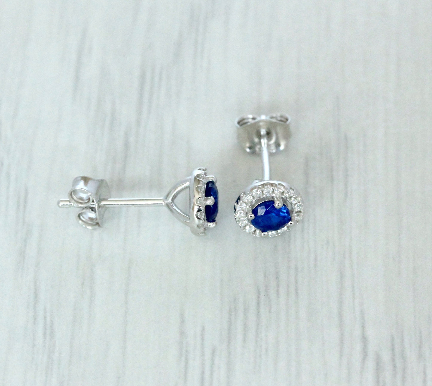 Natural blue sapphire & Genuine Moissanite Halo stud earrings in Sterling silver