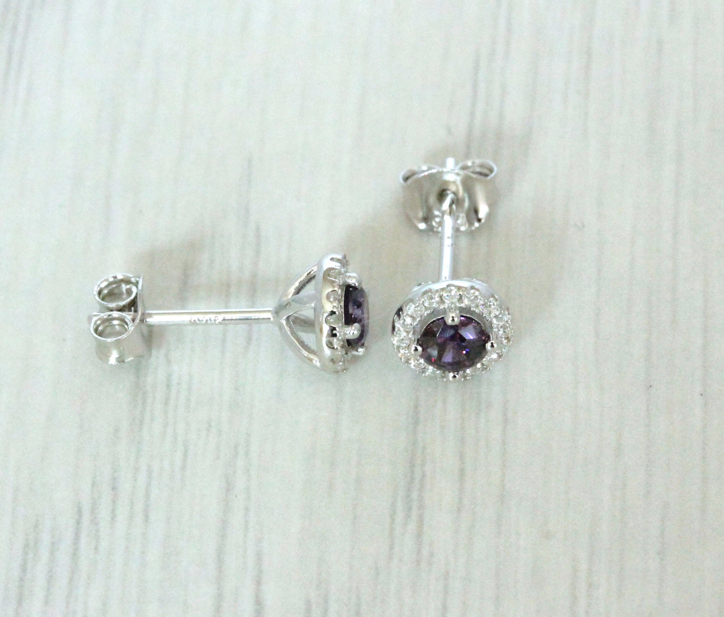 Natural Amethyst & Genuine Moissanite Halo stud earrings in Sterling silver