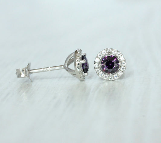 Natural Amethyst & Genuine Moissanite Halo stud earrings in Sterling silver
