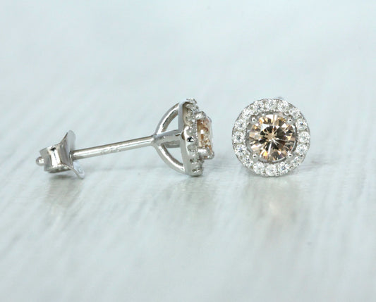 Natural Citrine & Genuine Moissanite Halo stud earrings in Sterling silver