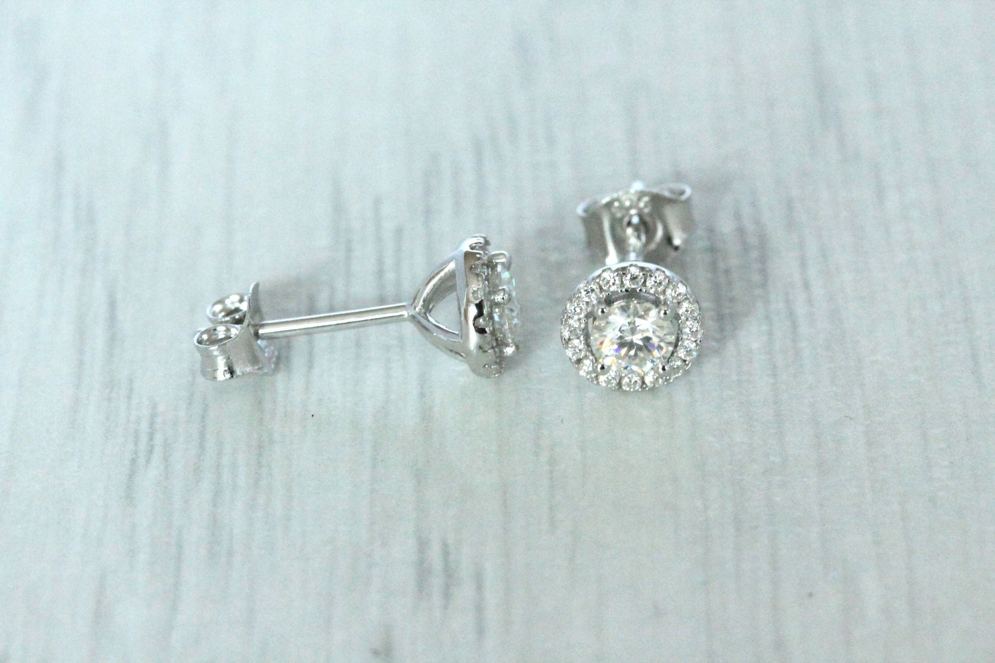 Genuine Moissanite Halo stud earrings in Sterling silver